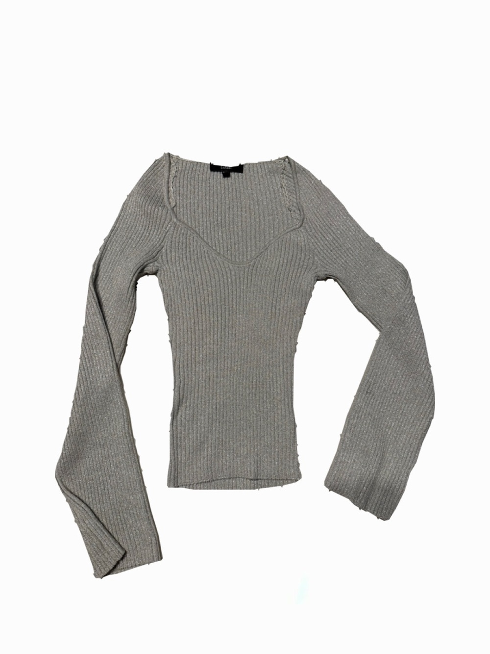 Lulu's Slim Ribbed V-Neck Long Sleeve Top - Gray